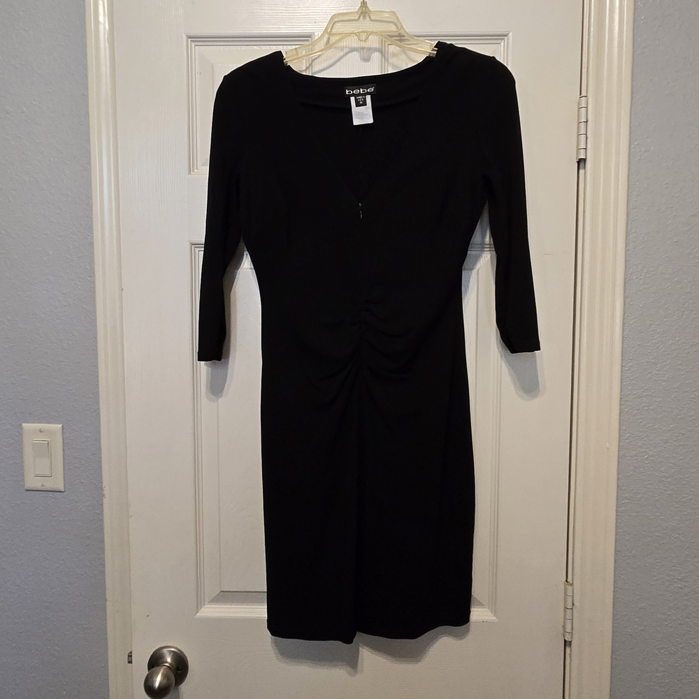 bebe Black Ruched Front Three-Quarter Sleeve Midi Dress